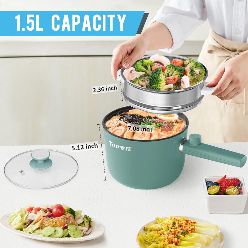 TopWit Hot Pot Electric with Steamer, 1.5L Ramen Cooker, Non-Stick Sauté Pan, Portable Cooking Pot, Electric Cooker with Dual Power Control, BPA Free, Over-Heating & Boil Dry Protection, Green - Image 3